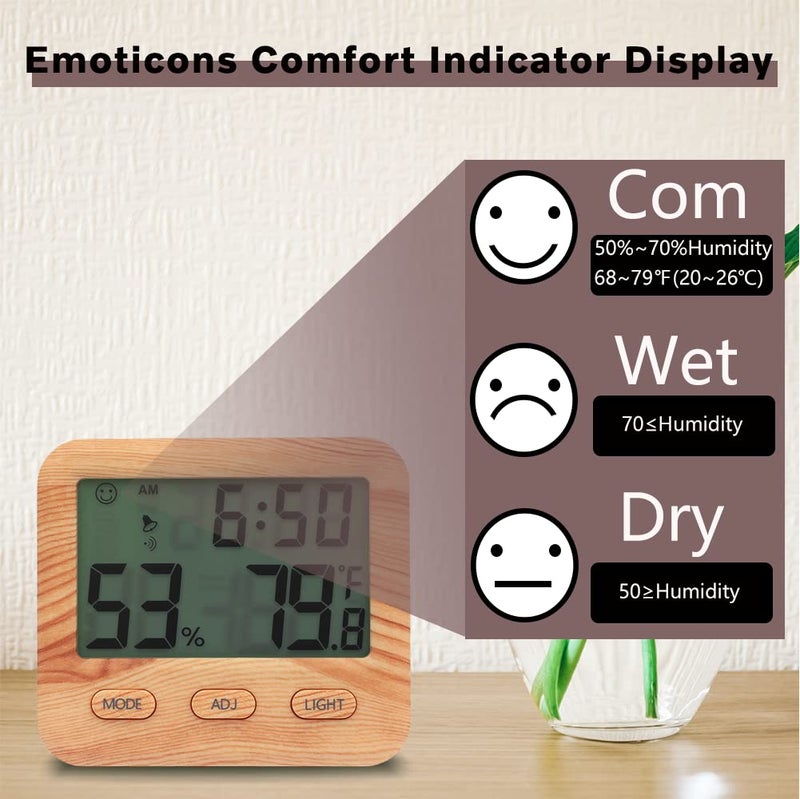 natome Digital Hygrometer Indoor Thermometer, Temperature Humidity Gauge with Desk Clocks for Bedroom Office,Backlit Accurate Monitor Clear Reading,Time Display Room Thermometer for Home Greenhouse Wooden - Image 4